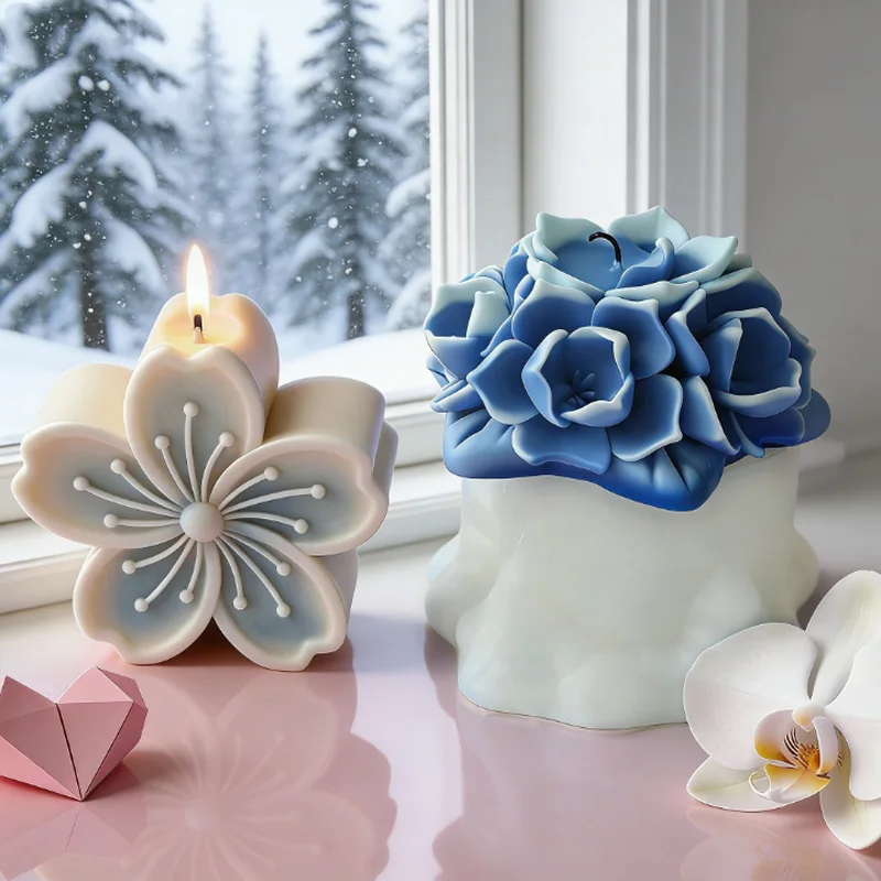 Molde de silicona para velas con forma de flor, molde de resina para velas perfumadas de flor de cerezo y hortensia, molde para hacer jabón y velas