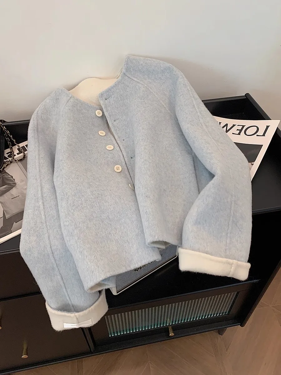 

Женское двустороннее шерстяное пальто Ele Blue: модное, элегантное, осенне-зимнее, короткое, в стиле кардигана