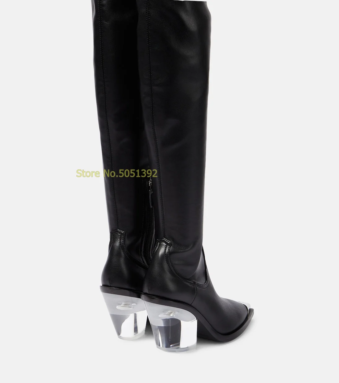 Leather Over The Knee Boots Metal Toe Transparent Block Heel Thigh High 2024 New Arrivals Fashion Runway Winter Women Boots