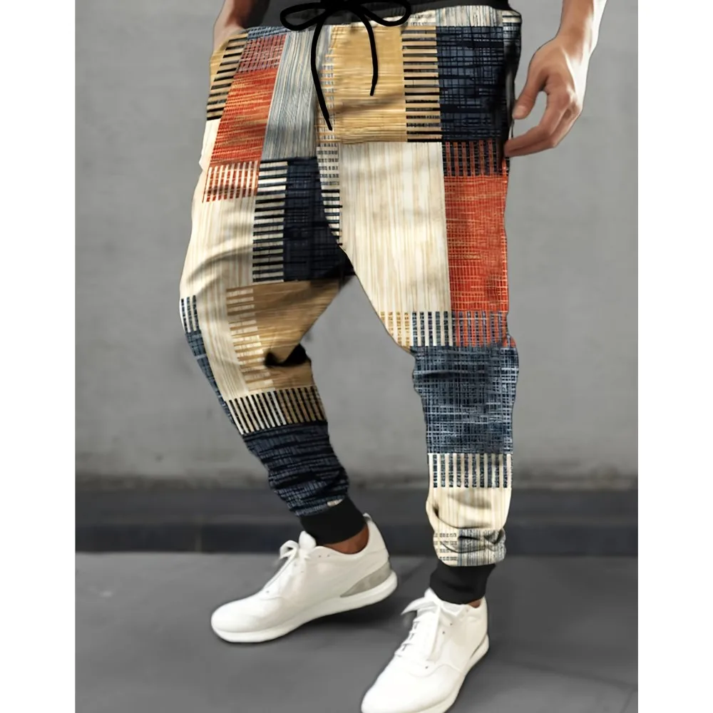 

Geometric Color Blocks Graphic Pants Men's Side Pockets Elastic Drawstring Sweatpants Joggers Pants Casual Trousers Fall Winter
