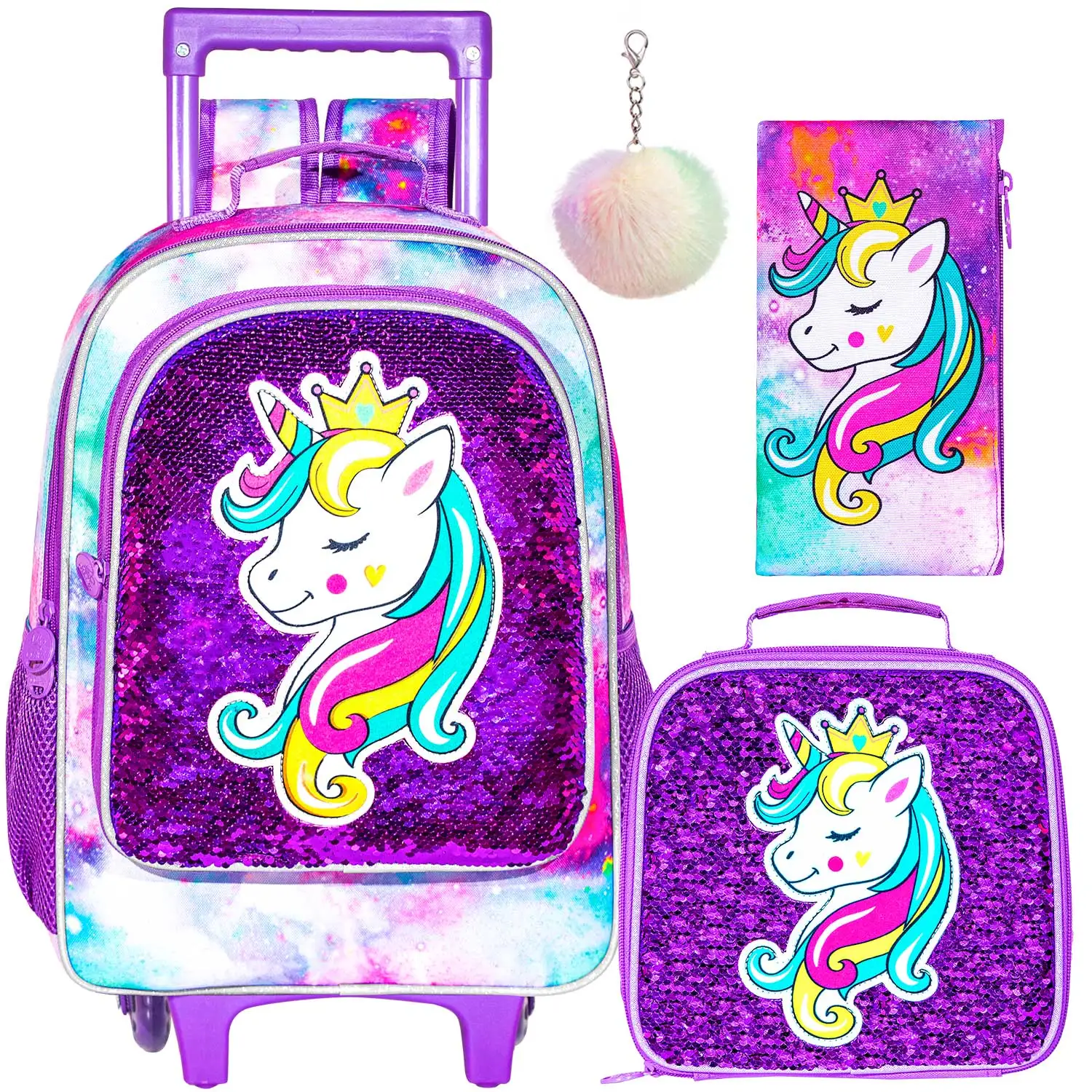 

3Pcs Rolling Backpack for Girls,Kids Roller Wheeled Unicorn Bookbag and Lunch Box, Sequin School Backpacks with Wheels for Eleme