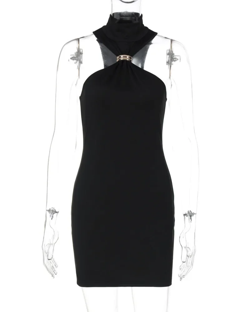 Coltrui mouwloze sexy bodycon mini-jurk voor dames off-shoulder uitgehold metalen gesp fashion club feestjurk