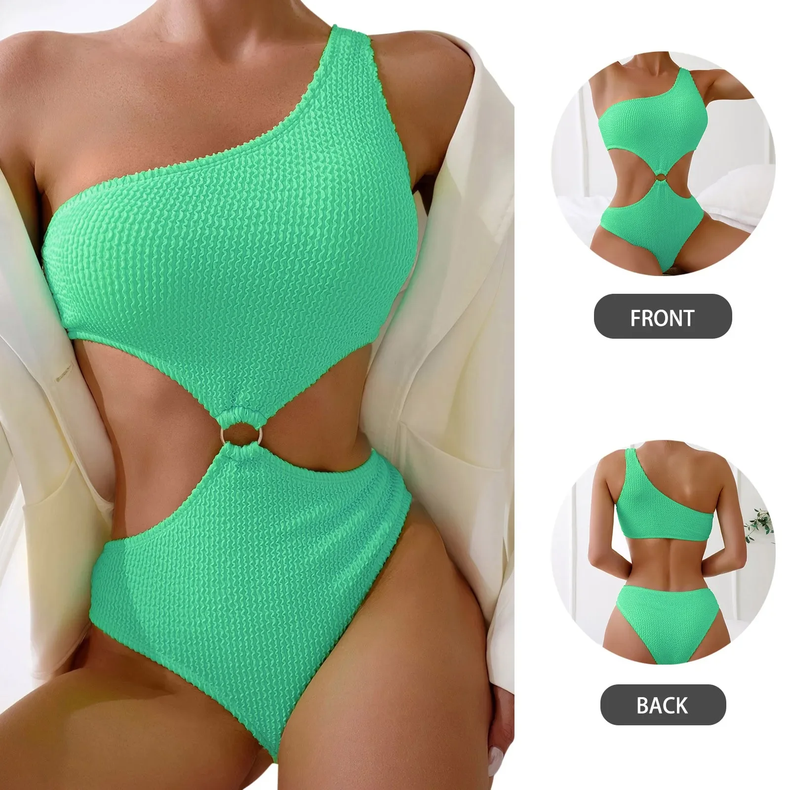 2023 New One Shoulder Women's Swimsuit One Piece Cut Out Sexy Swimwear Women Textured Monokini Solid Bathing Suit Beach Wear