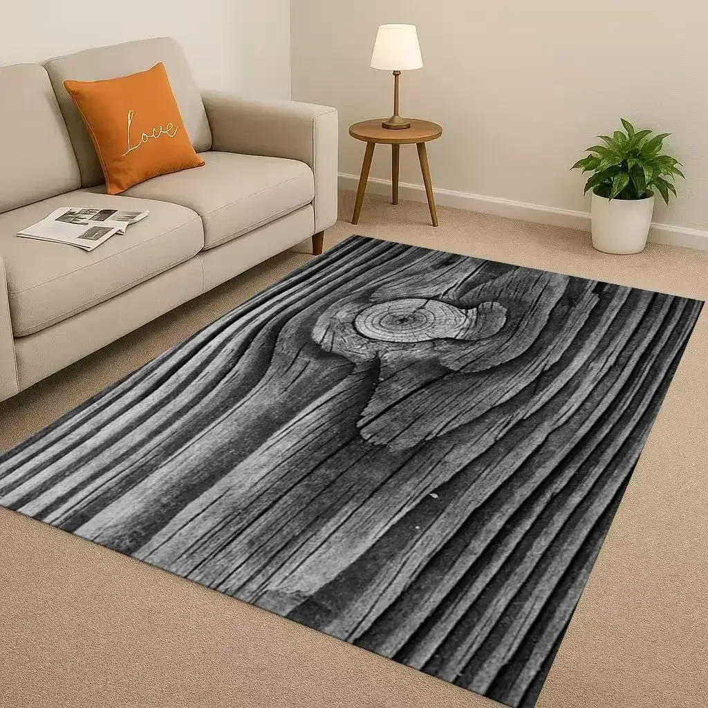 Bedroom with a wood grain rug under the bed