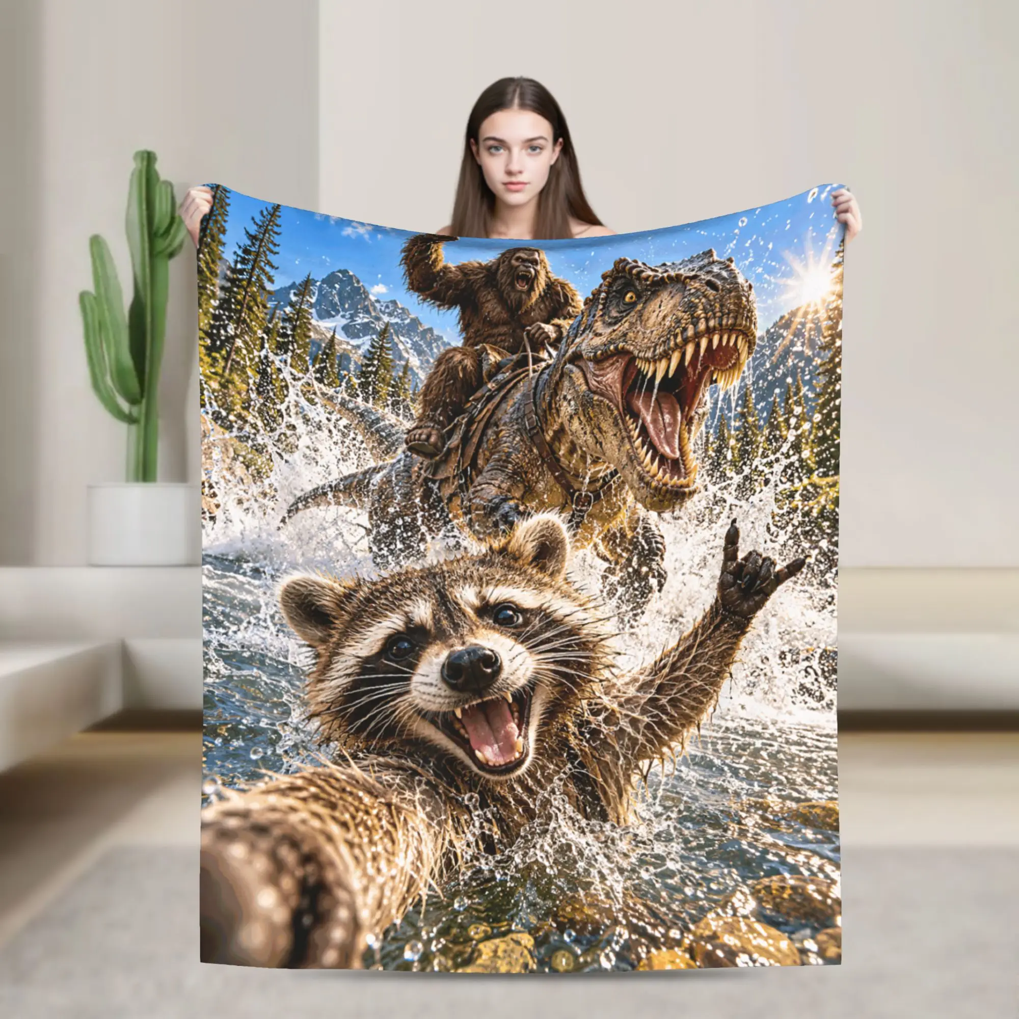 Funny Bigfoot Ride Dinosaur Raccoon Throw Blanket for Couch  Soft Cozy Plush Blanket 50x60 Inches Multiple Sizes Bedspread