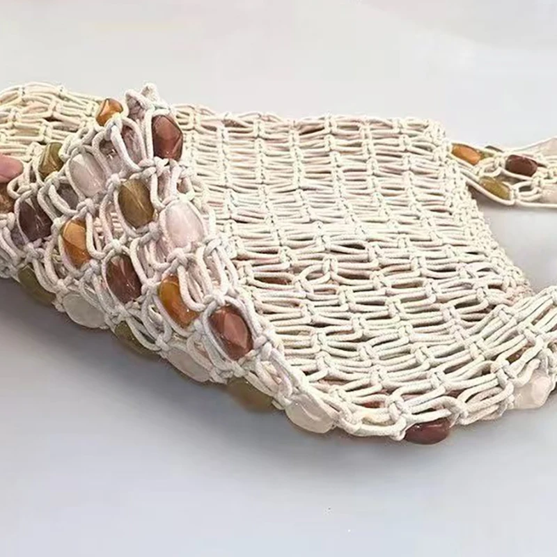 Vintage Handgefertigte Perlen-Handtasche Nischen-Designer Luxus Ausgehöhlte Bucket Bag Neue Sommer Damen Strand-Urlaubstasche – Detail 15