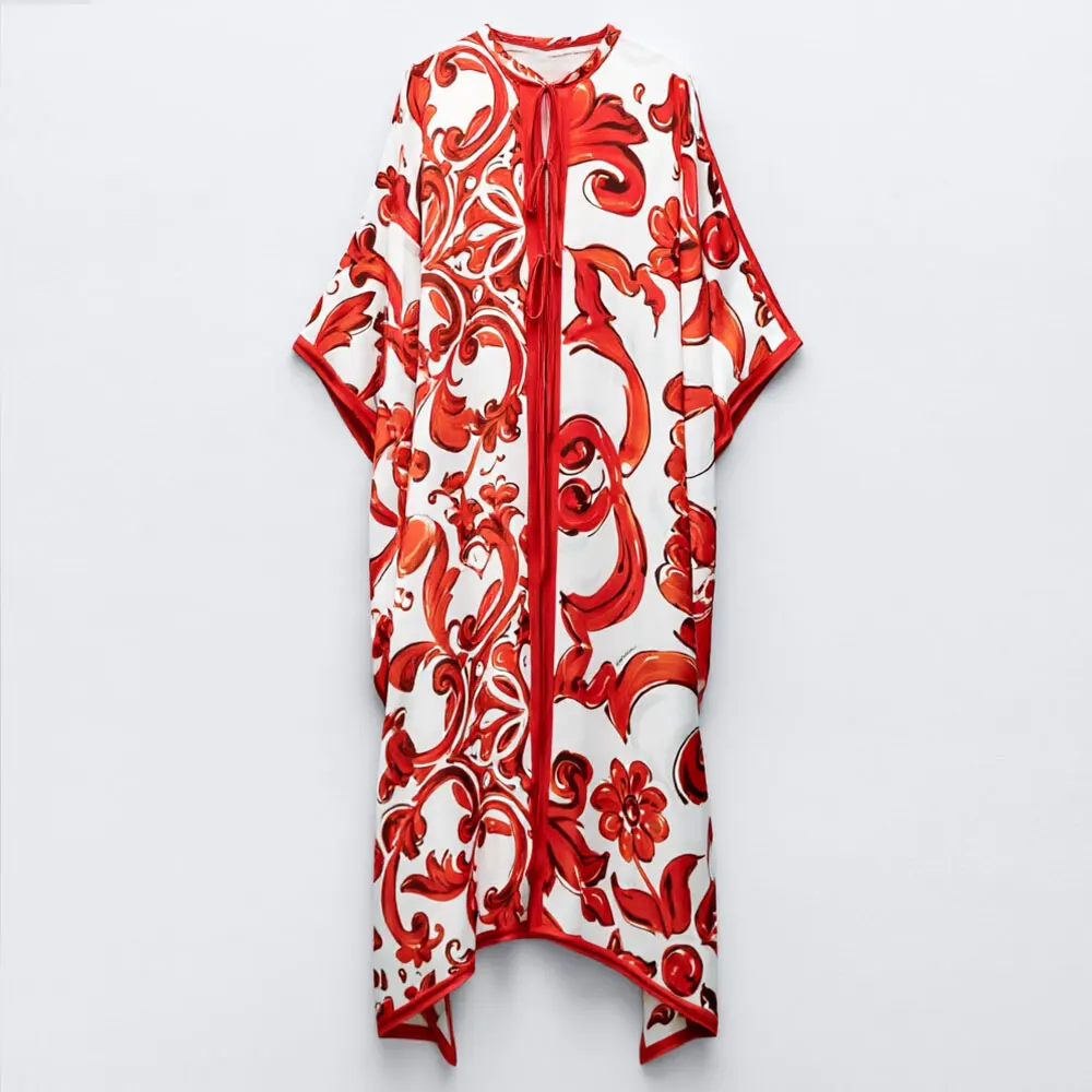 Vestido Largo Holgado con Estampado Vintage Rojo y Blanco para Mujer, Verano 2026, Cuello Redondo, Manga Murciélago, Estilo Boho Irregular, Vestido Maxi de Playa