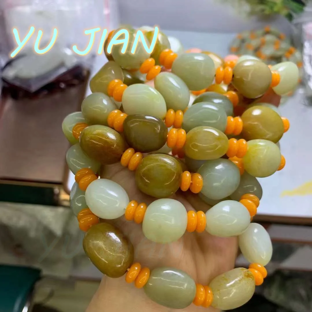 

Natural Hetian Jade Handwork Bracelet E-Material Hotan-Jade Conformal Hand String High Precious Bangle Handring Jewelry