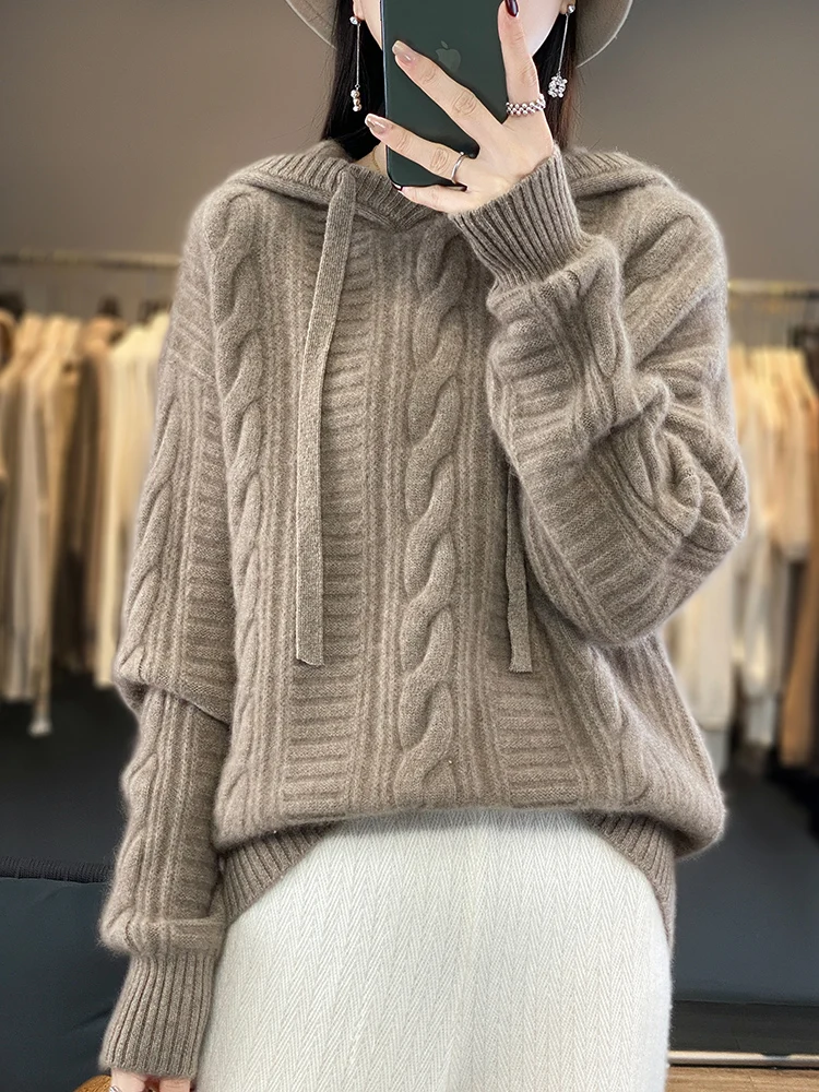 Aliselect High Quality Women Pullover Oversized Autumn Winter  Soft 100% Merino Wool Sweater Cashmere Hoodie Knitwears Tops