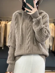 Aliselect Hoogwaardige Damespullover Oversized Herfst Winter Zachte 100% Merinowollen Trui Kasjmier Hoodie Gebreide Tops