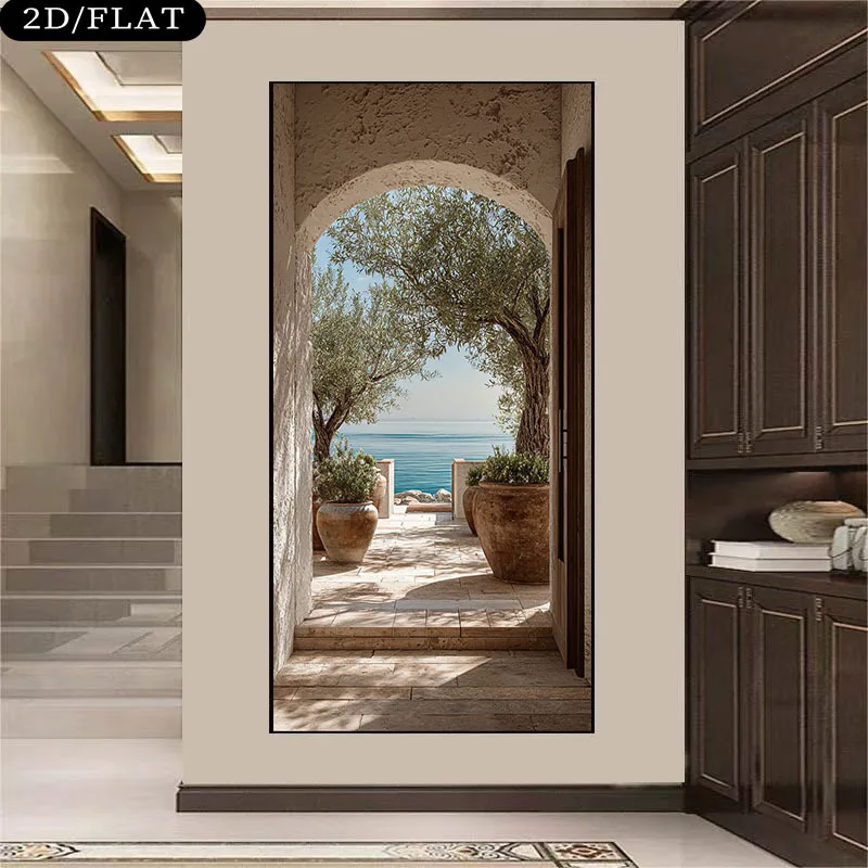 2D Flat Large Frameless Modern Home Wall Decoration, Olive Trees and Ocean Canvas Art Prints for Living Rooms and Bedrooms Decor