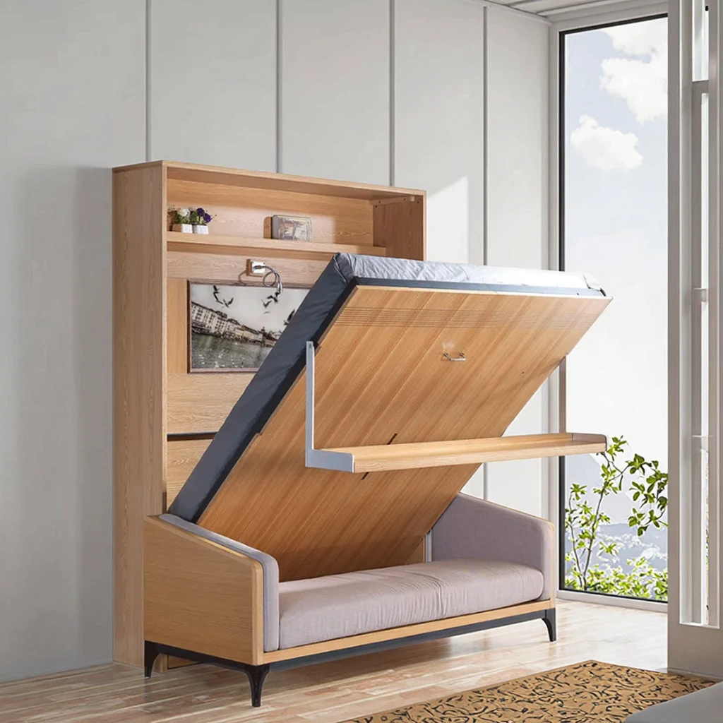 Queen Size Wooden Murphy Bed with Desk Panel Style Vertical Folding Wall Bedroom Furniture General Use Home Furniture