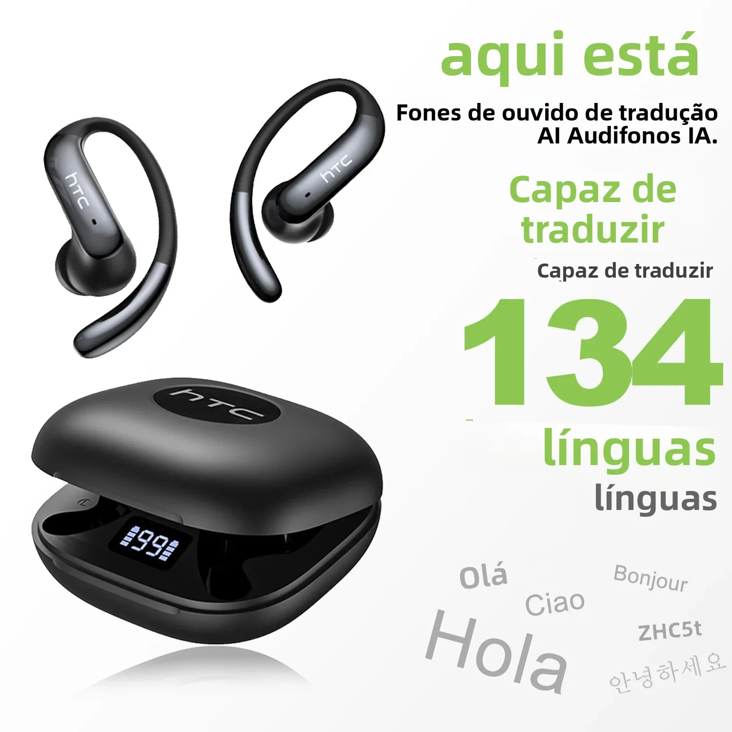 Fones de ouvido HTC NE63 Bluetooth V6.0 Ear-HookIn-EarDesign Fones de ouvido sem fio Fones de ouvido tradutor AI de longa duração com microfone