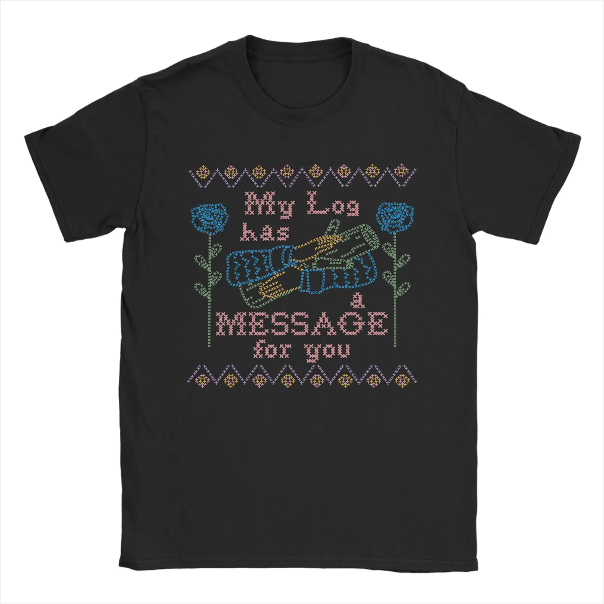 Twin Peaks Log Has A Message for You Needlepoint T-Shirt Men   Pure Cotton Tees Crewneck Short Sleeve T Shirt Plus Size Tops
