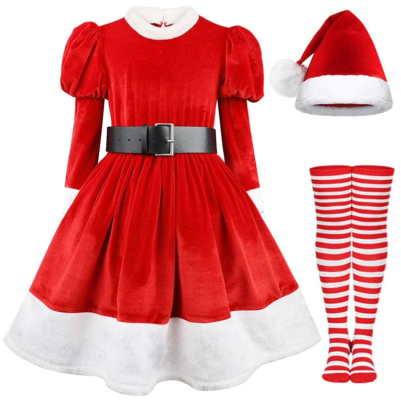 New Year Kids Santa Claus Red Cosplay Christmas Costume Warm Fur Dress For Girls Carnival Party Fancy Xmas Look Party Outfits