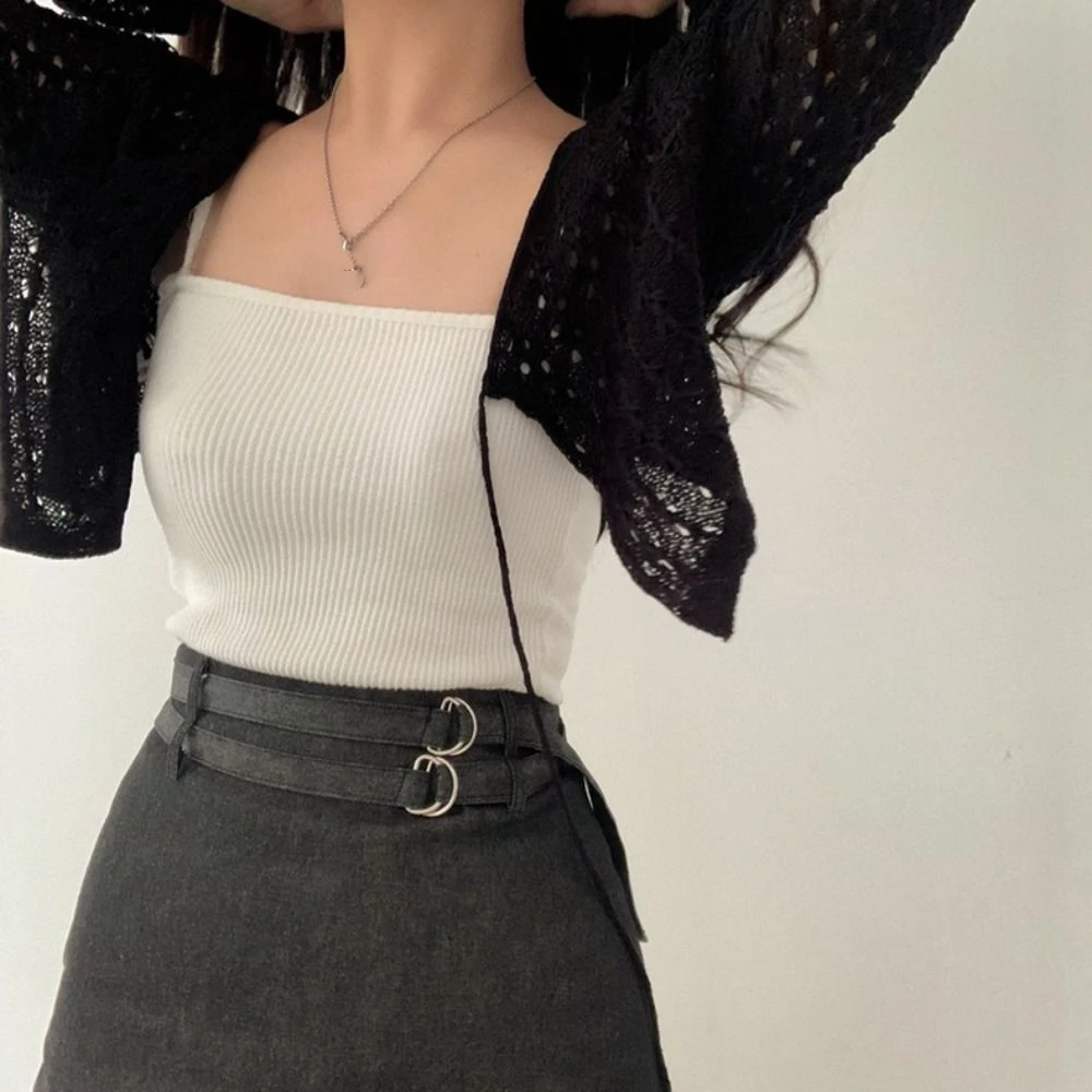 

All Match Simple Crochet Cardigan Women Breathable Beach Wear Hollow Knitted Top Shawl See Through Lace Up Cardigan Women