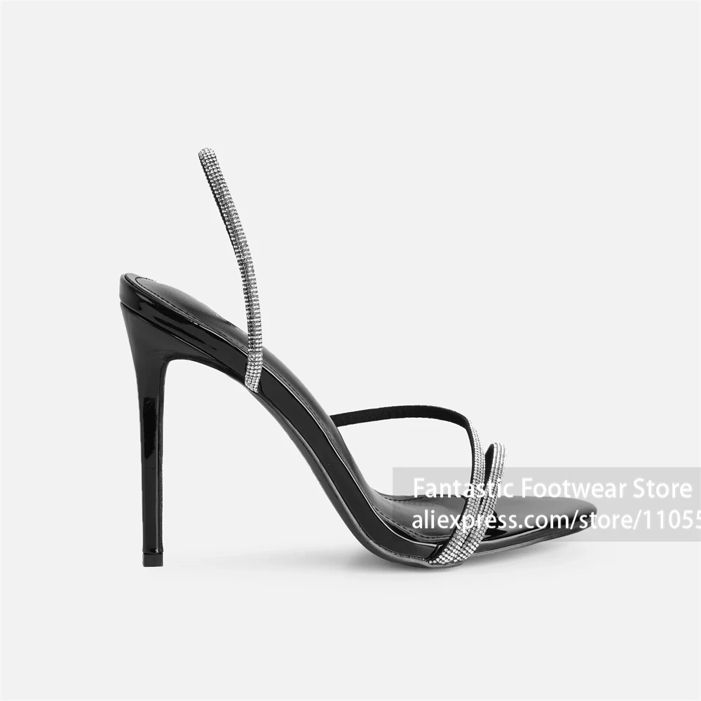

Black Rhinestone Open Toe High Heel Sandals Women Thin Stiletto Heels Strap Slip On Mule Party Evening Prom Summer Dress Sandals