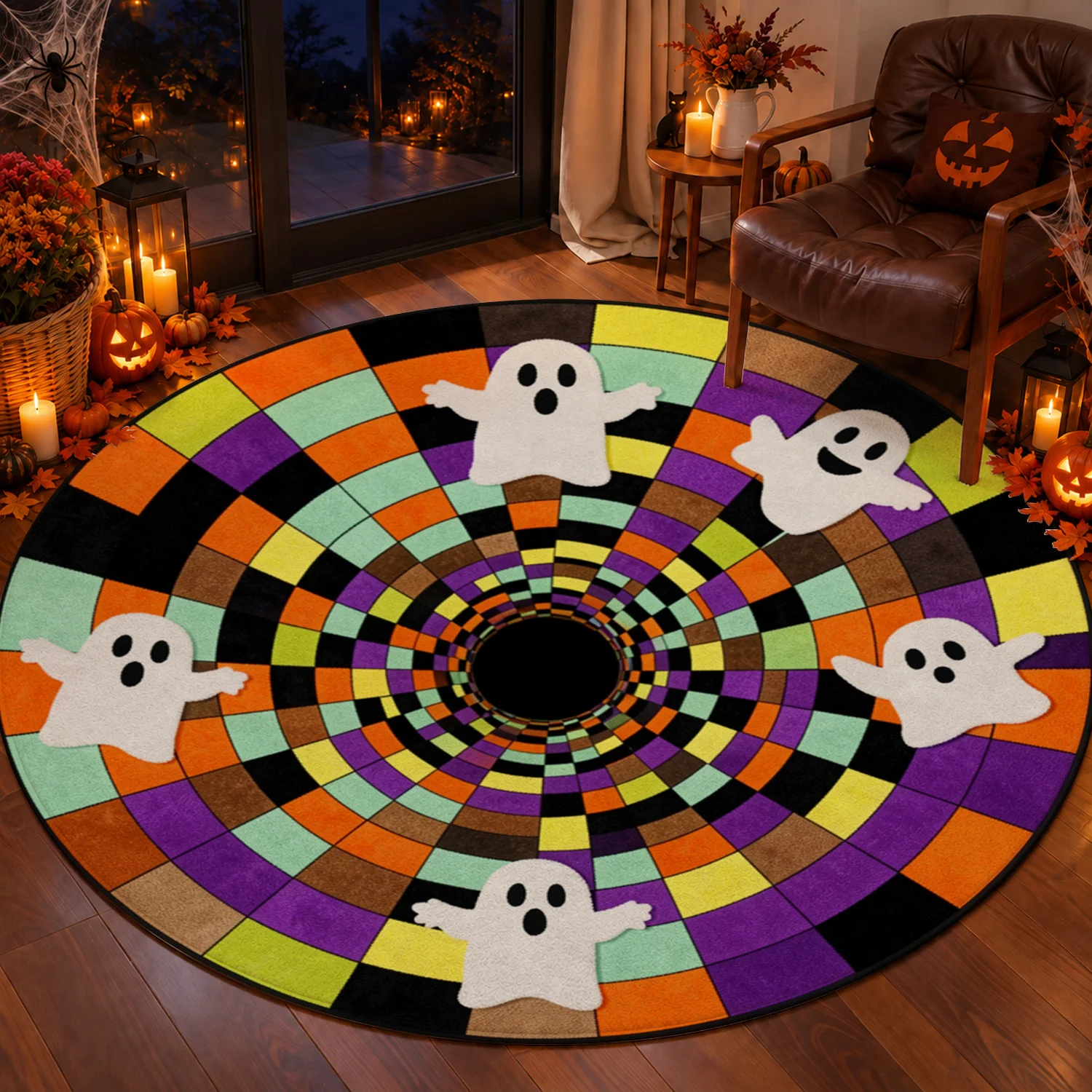 Playful Ghost Pattern Multicolor Geometric Spiral Round Area Rug, Velvet Fabric, Machine Washable, Soft Plush Surface, Perfect for Living Room, Bedroom, Entryway, Halloween, Thanksgiving, Christmas, New Year Holiday Decor