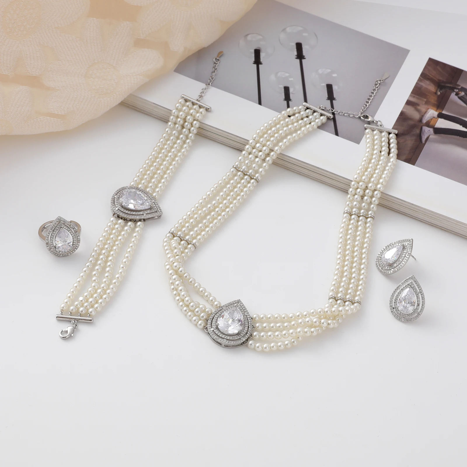 Haoyu Luxury White Zircon Drop Shape Four-Piece Nail Set for Women Retro Multi-Layered Imitation Pearl Beads Necklace Wedding Gi