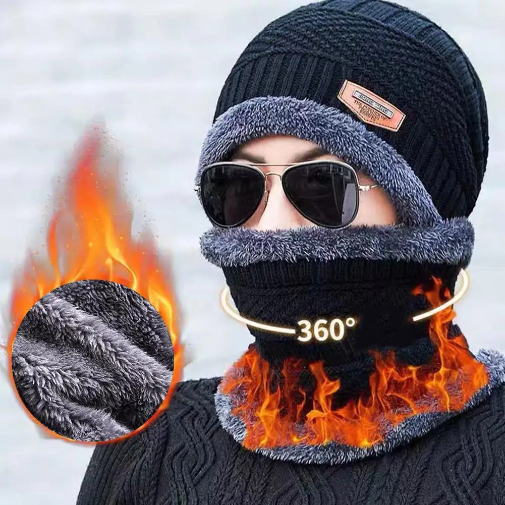 Gorro de inverno com lenços para homens, chapéu de malha, gorro feminino de lã grossa, cachecol de pescoço, balaclava, máscara, chapéus