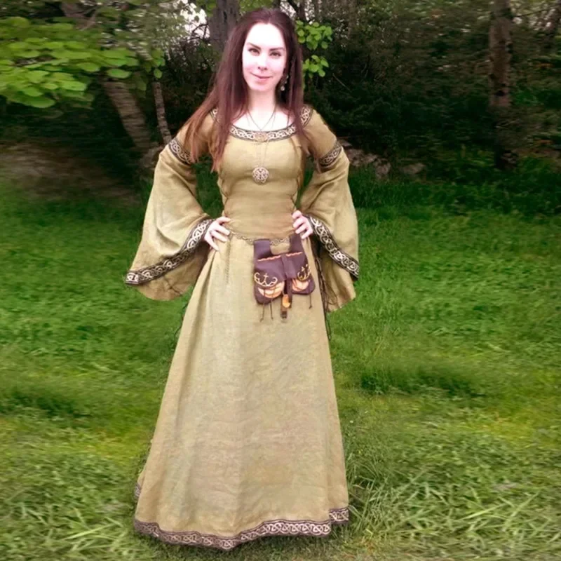 Bodenlanges Renaissance Gothic Cosplay Halloween Kostüm Kleid Damenmode Vintage Keltisches Langarm Mittelalterkleid