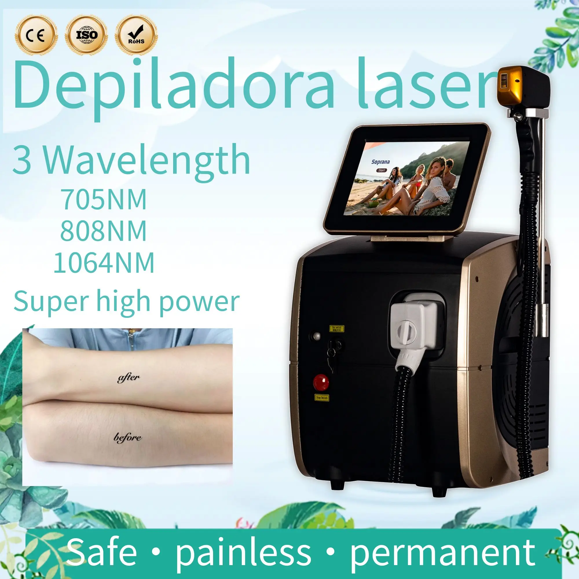 

Professional 808nm Diode Hair Removal Machine, 808 755 1064 Permanent Hair Removal Equipment, 3500W Painless Hair Removal Device