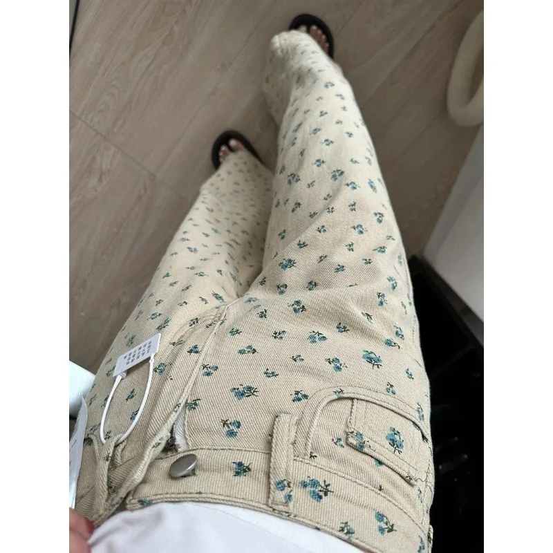 الرجعية الأزهار مستقيم الجينز المرأة الجديدة النمط الأمريكي عالية الخصر ضئيلة فضفاضة واسعة الساق السراويل #4