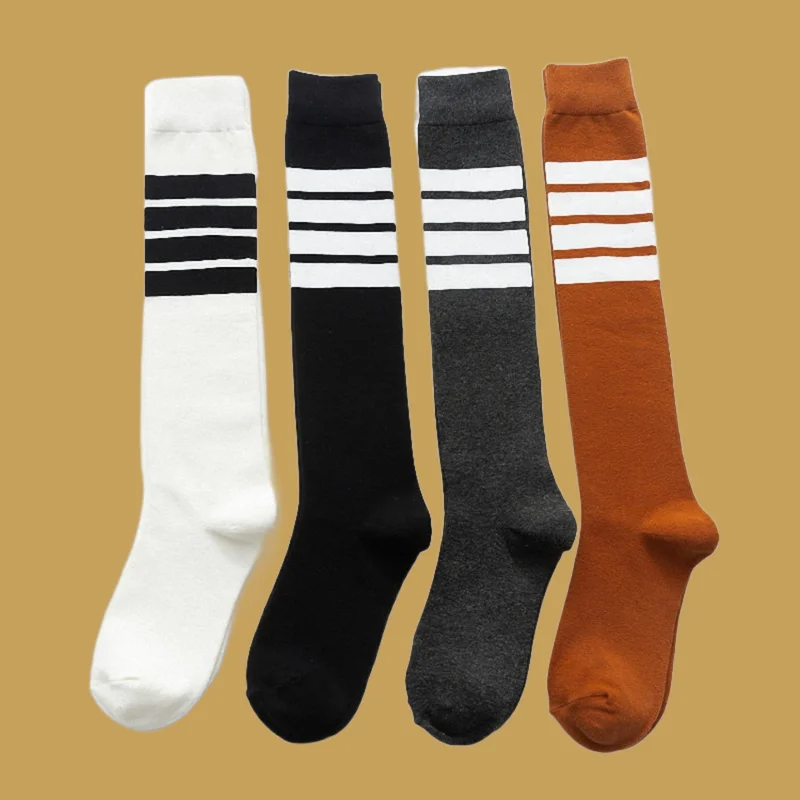 2 Pairs High Quality Long Socks Calf Socks Women's High-Tube Cotton Black Four-Bar Half-High Over-The-Knee Beautiful Leg Socks