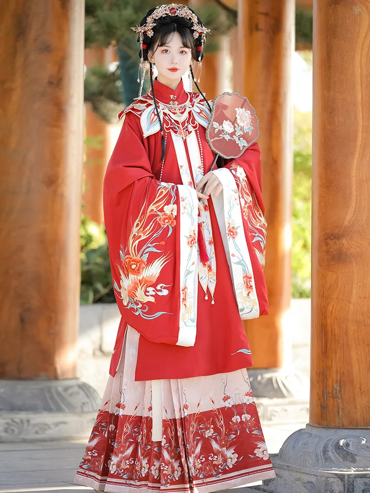 

New Arrival Red Wedding Dress Hanfu Female Phoenix Feather Cloud Shoulder Mare-faced Skirt Set