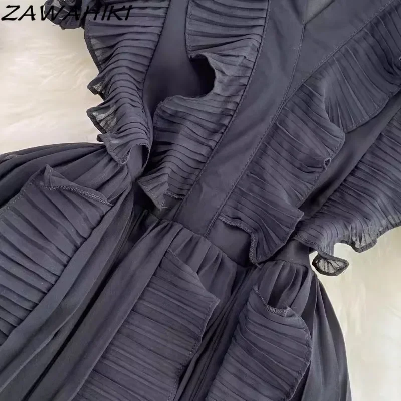 Temperament damska sukienka latający rękaw Patchwork Femme szata plisowane falbany urząd Lady Vestidos jednolity kolor Casual Ropa Mujer