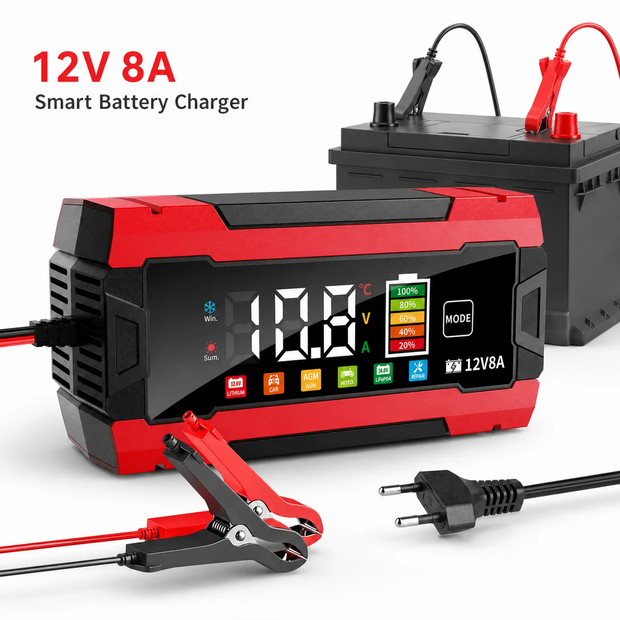 Chargeur de batterie de voiture intelligent 12V 8A avec écran LCD, mode d'entretien par impulsions, pour batteries au plomb-acide AGM, de moto et LiFePO4