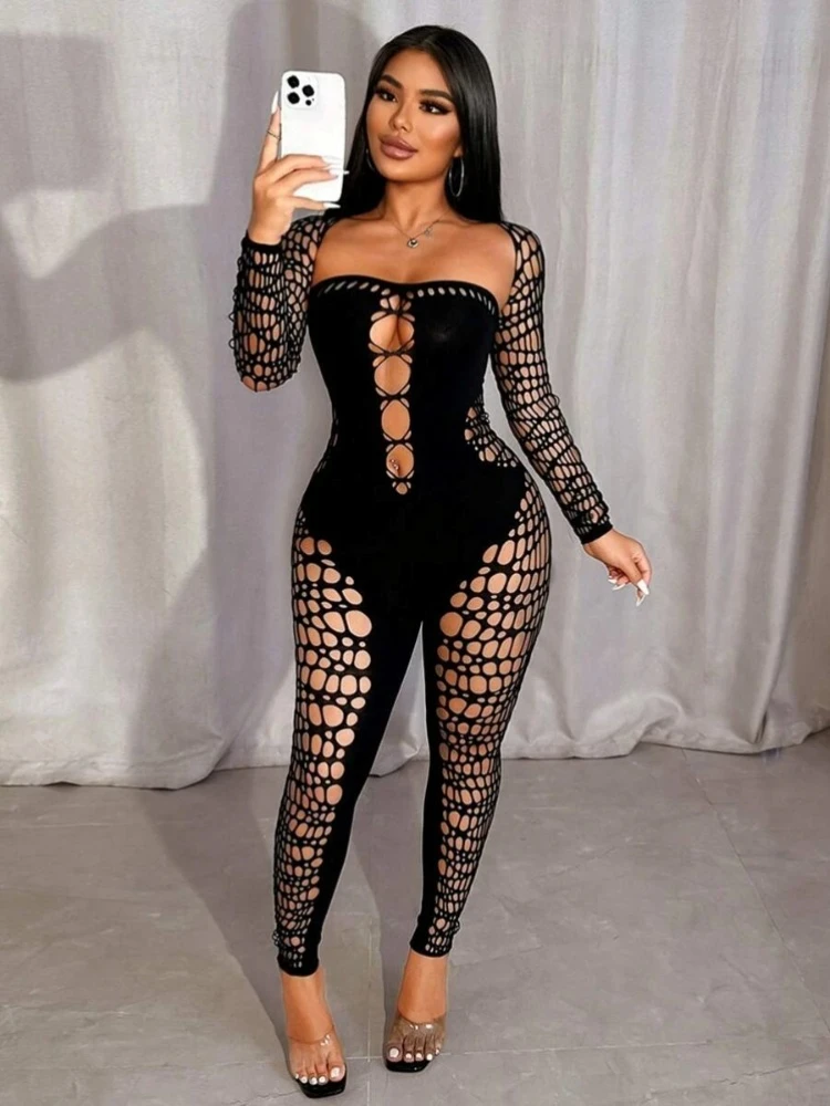 

Leosoxs Hollow Strapless Jumpsuit+Shawl Women Sexy See Through Coquette Hipster Midnight Clubwear Activity Workout Overalls