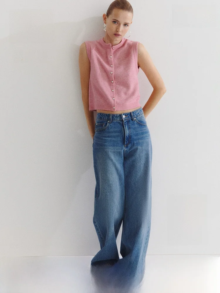 

H&M Women's Knitted Vest Spring Artistic round Neck Single Button Sleeveless Open Cardigan Soft Medium Polyester Blend