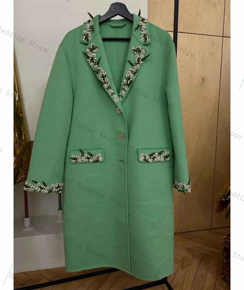 

Green Cashmere Women Suit 1 Piece Long Blazer Pearls Wool Prom Dress Formal Office Lady Jacket Customized Wedding Guest Coat
