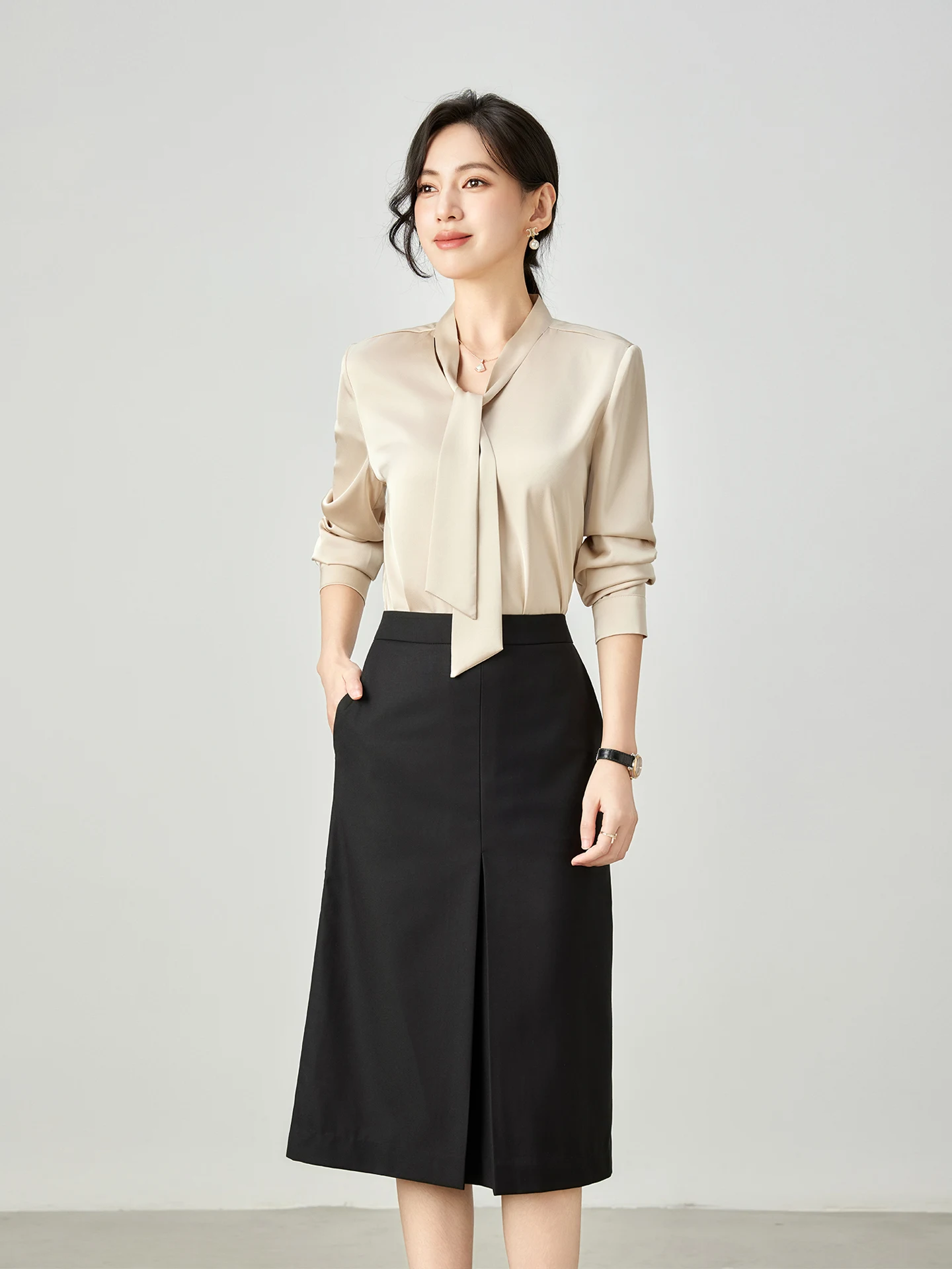 

Ele Acetate Satin Commuter irt for Women Spring Autumn Champaign Color Profional Sle with Sa Busin Inner Wear