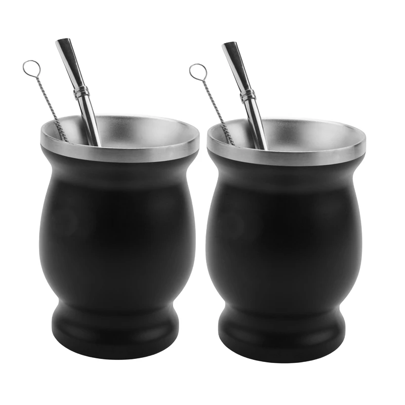 

LJL-2X Double-Wall Stainless Yerba Gourd Mate Tea Set Coffee Water Mate Tea Cup With Spoon Straw Bombilla 8Oz