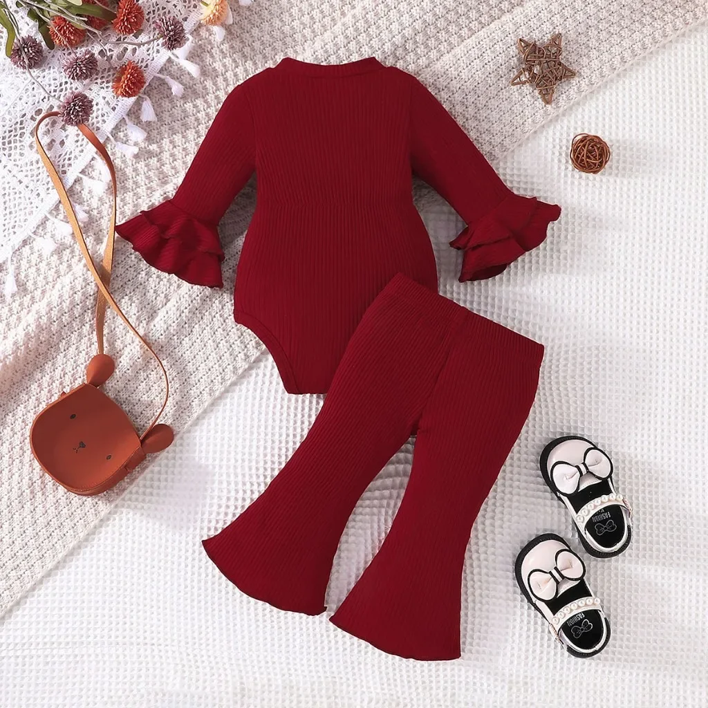 Baby Set 0-18 Months Long Sleeve Bow Ruffled Romper and boot cut Pant Christening Outfit Toddler Infant Fashion Suit For Kids