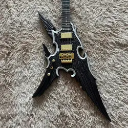 Guitar 6-string left-handed angel wing carved electric guitar, black body, gold accessories, factory real pictures, can be shipp