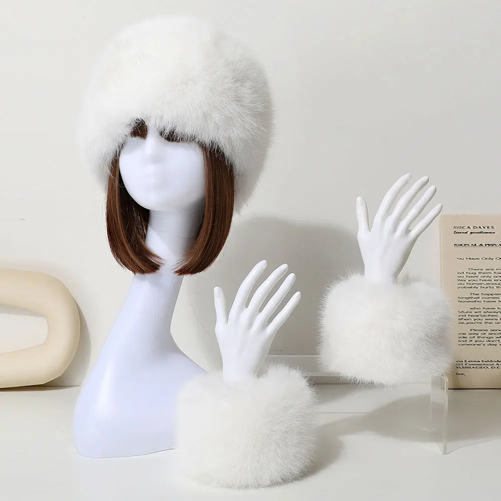 

Two-Piece Set Solid Color Fluffy Hat With Warm Cuffs Wrist Sleeve Gloves Plush Cap Ear Protection Windproof Outdoor Snow Ski Cap