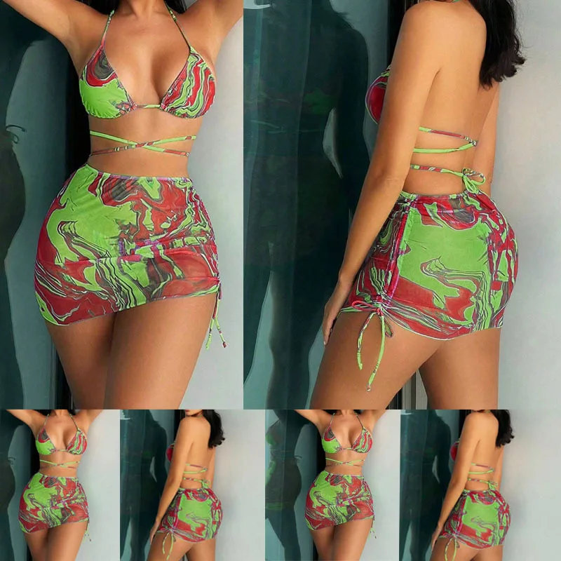 

Swimsuit sexy neck strap skirt bikini four-piece outdoor seaside vacation women 2025 new