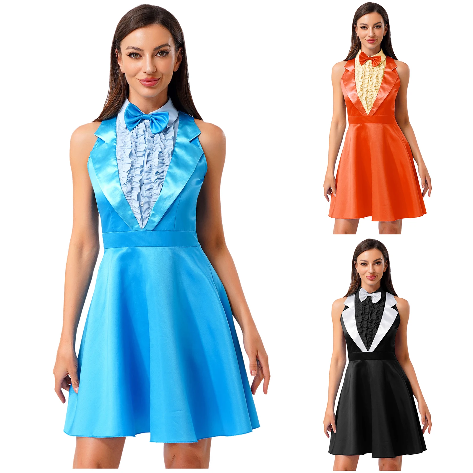 Womens Halloween 70s 80s Dumber Cosplay Dress And Bowtie Lapel Sleeveless Ruffled Chest A-line Dress for Dress-up Party Raves