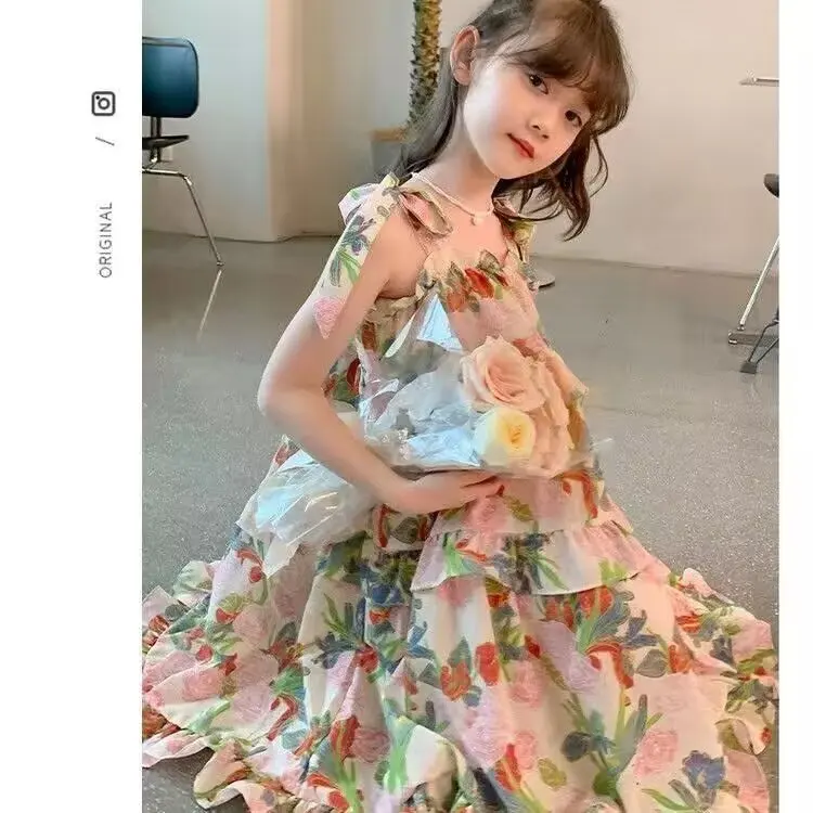 Verão nova moda floral estilo campo vestido para meninas do bebê colorido floral vestido de manga curta para meninas de 3 a 7 anos