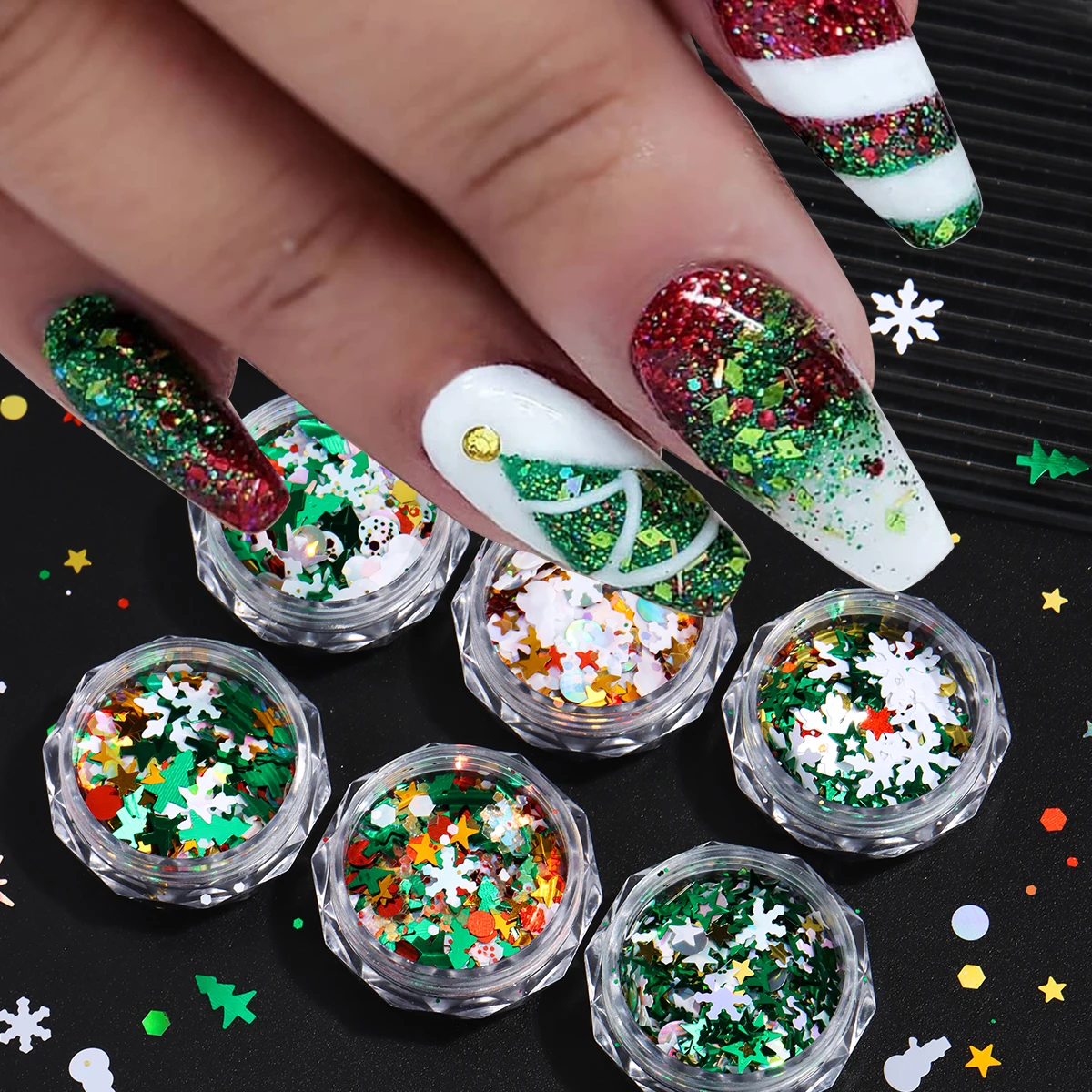 กลิตเตอร์เลื่อมตกแต่งต้นคริสต์มาส ลายเกล็ดหิมะสีขาว ดาว ฮอลลี่ ตุ๊กตาหิมะ ลายจุด สำหรับตกแต่งในเทศกาลวันหยุด