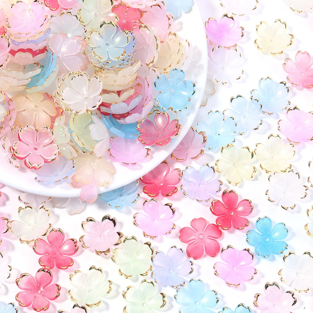 50pcs Acrylic Cherry Blossom Flower Beads Gradient Gold-Plated Spacer Beads End Cap for Jewelry Making Bracelet Necklace Earring
