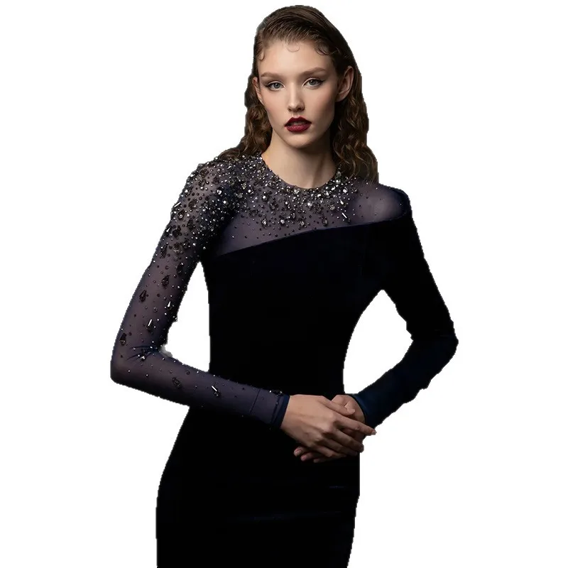 فستان سهرة جاهز للارتداء عالي الجودة من سلسلة المشاهير فستان طويل شبكي مطرز باللون الذهبي المخملي ropa mujer vestidos TRAF