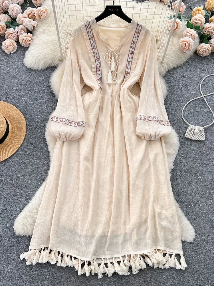 

Women Autumn Vestidos Bohemian Vacation Style Embroidery Niche Design Sense Loose Tie Fairy Temperament Tassel Dress D5538