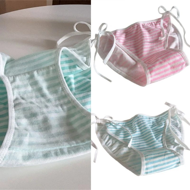 Striped Pattern Womens Panties Cosplay Lace Up Ribbon Low Waist Briefs Cotton Hipsters Uniform Lingerie Underwear 6XDA
