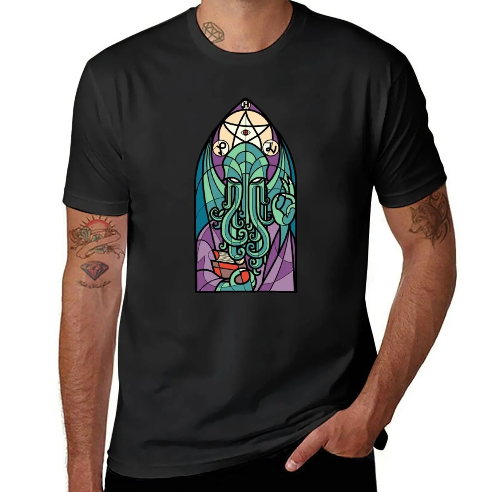 

Cthulhu Church Stained Glass Cosmic Horror T-Shirt cute clothes cute tops heavyweights slim fit t shirts for men