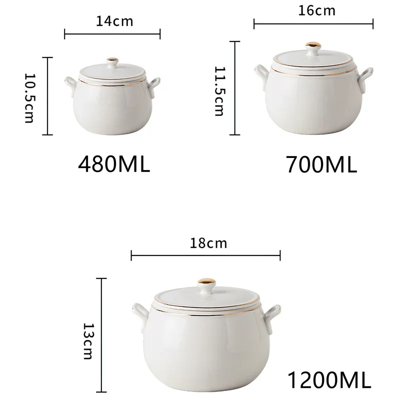 Ceramic Stew Bowl Korean Creative Pure White Gold Edge Small Soup Pot Steamed Egg Bowl with Lid Kitchen Bird\'s Nest Dessert Cup