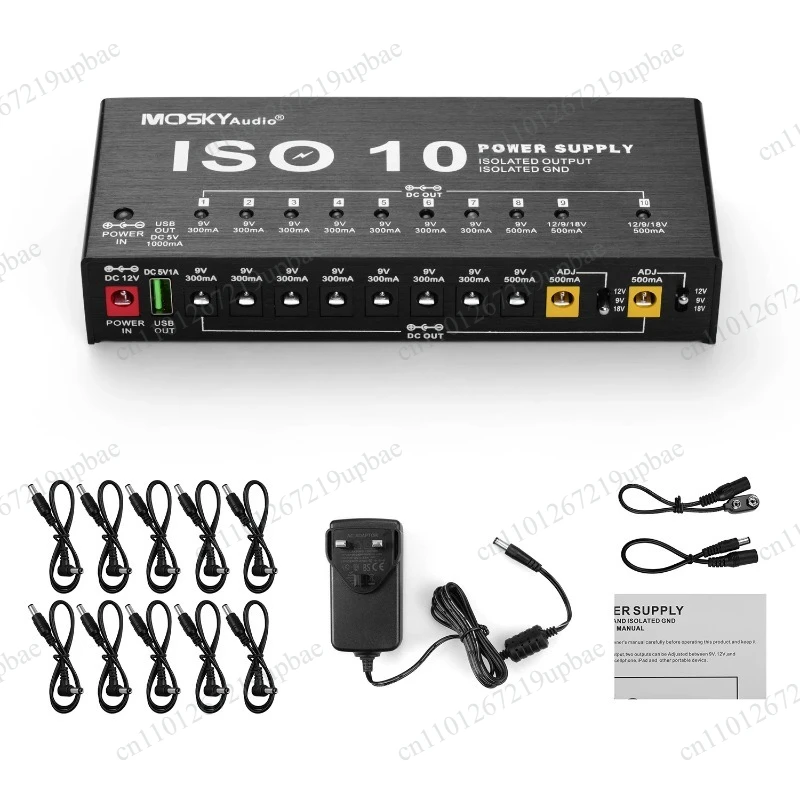 MOSKYAudio ISO-10 Portable Guitar Effect Power Supply, 10 Isolated DC + USB Output for 9V 12V 18V Guitar Effect Pedals